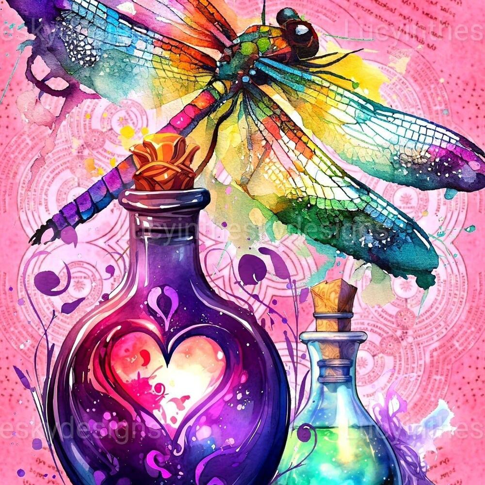 Dragonfly and Magic Potion Love Spell Bright Whimsical Art Print - Picture 2 of 5